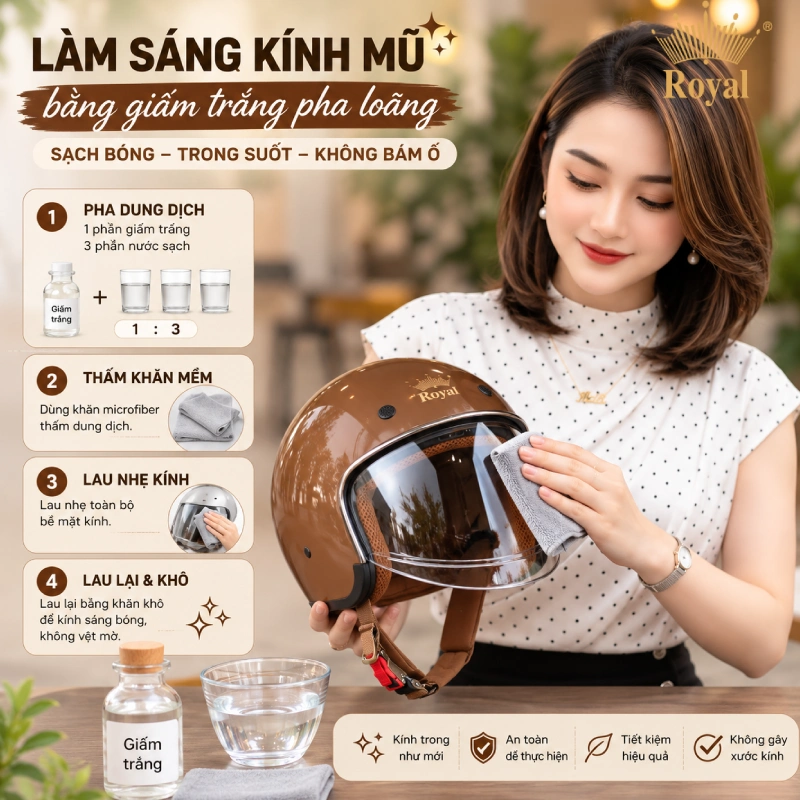 Làm sáng kính mũ bảo hiểm bằng giấm trắng pha loãng