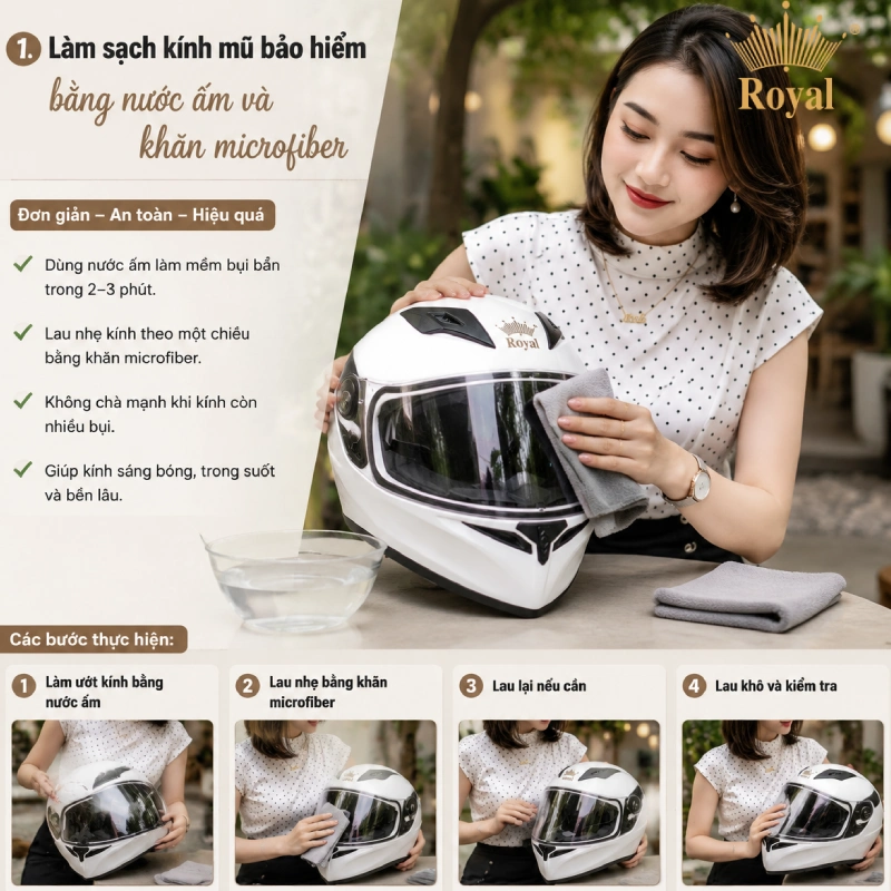Làm sạch kính mũ bảo hiểm bằng nước ấm và khăn microfiber