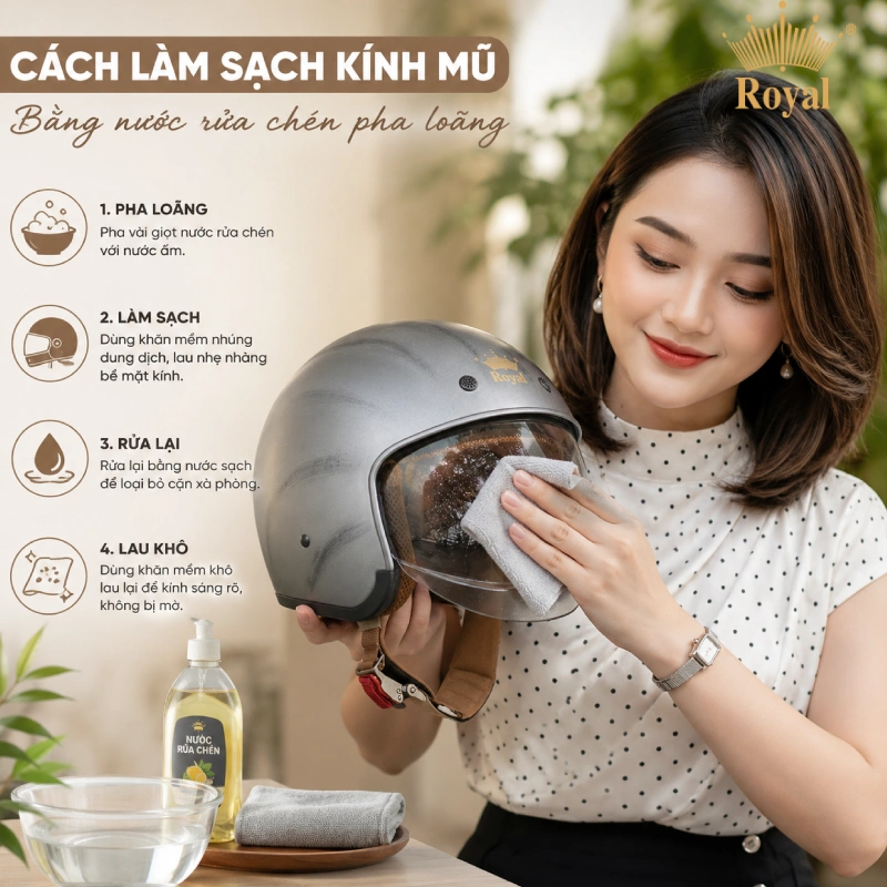 Dùng nước rửa chén pha loãng để loại bỏ dầu mỡ để làm sạch kính mũ bảo hiểm