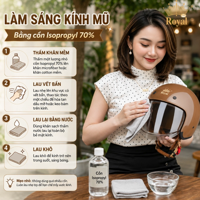 Làm sạch kính mũ bảo hiểm bằng cồn Isopropyl 70%