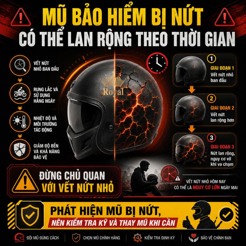 Mũ bảo hiểm bị nứt làm tăng nguy cơ lan rộng theo thời gian