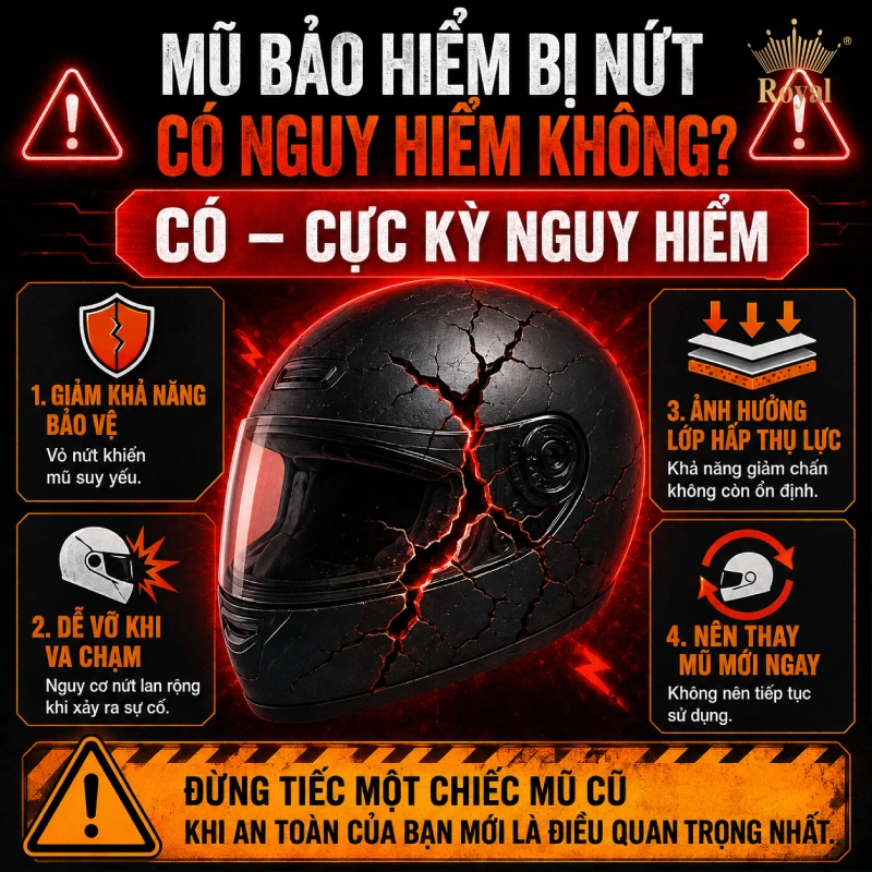 Mũ bảo hiểm bị nứt có nguy hiểm không?