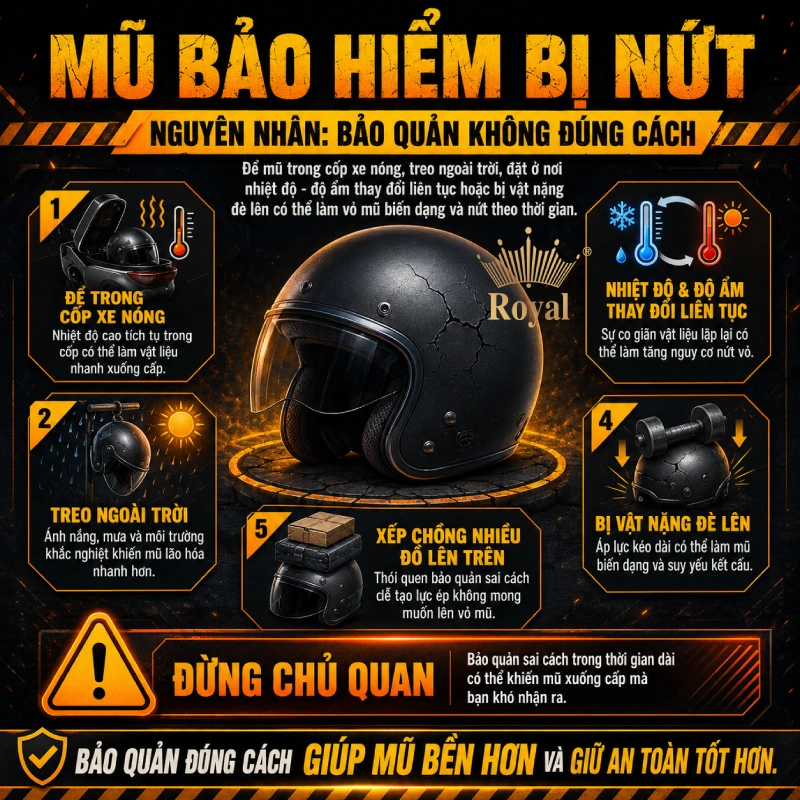 Nguyên nhân khiến mũ bảo hiểm bị nứt là do Bảo quản không đúng cách