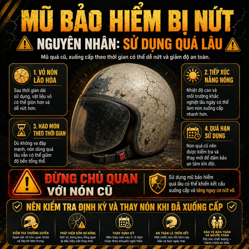 Nguyên nhân khiến mũ bảo hiểm bị nứt là do Sử dụng mũ quá lâu