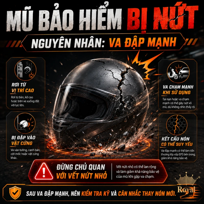 Những nguyên nhân khiến mũ bảo hiểm bị nứt là do mũ bị va đập mạnh