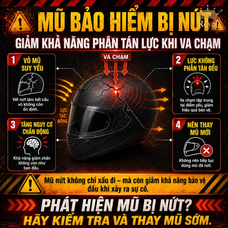 Mũ bảo hiểm bị nứt làm giảm khả năng bảo vệ khi va chạm