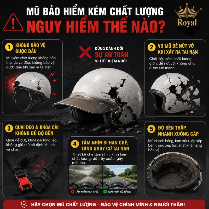 Mũ bảo hiểm kém chất lượng nguy hiểm thế nào?