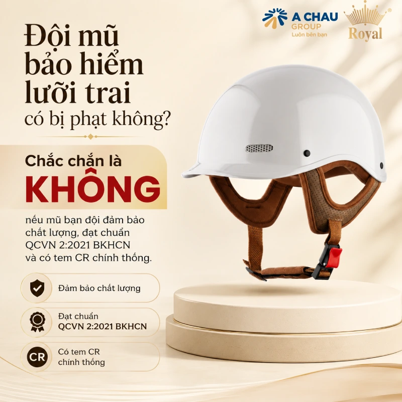 Đội mũ bảo hiểm lưỡi trai có bị phạt không? Chắc chắn là KHÔNG nếu mũ bạn đội đảm bảo chất lượng, đặt chuẩn QCVN 2:2021 BKHCN, có tem CR chính thống.