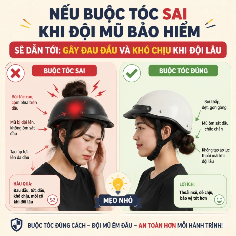 Gây đau đầu và khó chịu khi đội lâu nếu các nàng buộc tóc sai cách khi đội mũ bảo hiểm