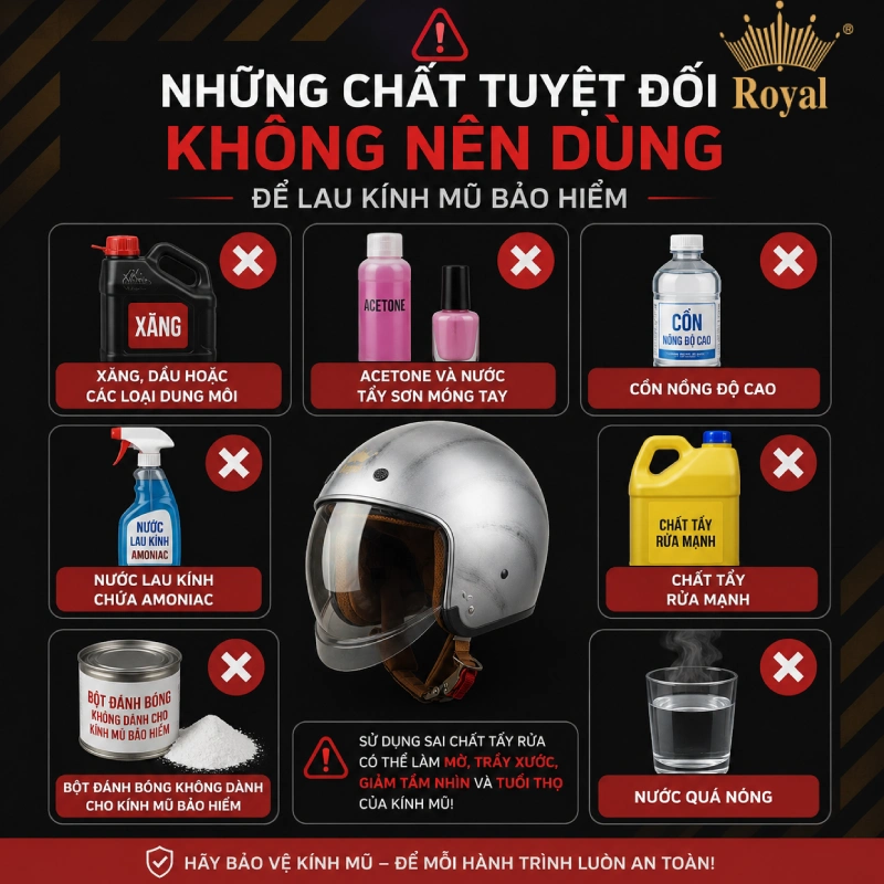 Những chất tuyệt đối không nên dùng để lau kính mũ bảo hiểm