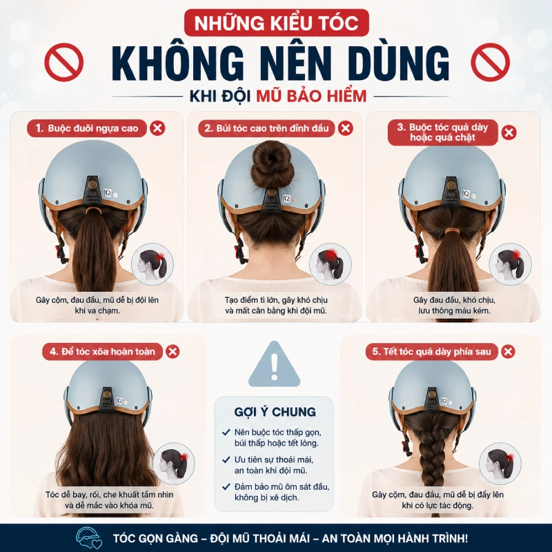 Những kiểu tóc không nên dùng khi đội mũ bảo hiểm