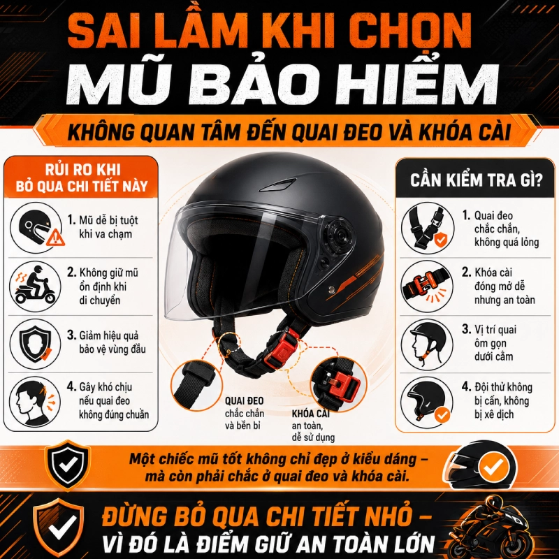 Sai lầm khi chọn mũ bảo hiểm là không quan tâm tới quai đeo và khóa