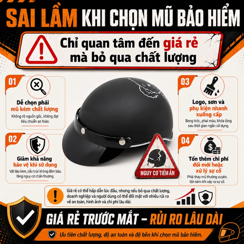 Sai lầm khi chọn mũ bảo hiểm là chỉ quan tâm đến giá rẻ mà bỏ qua chất lượng
