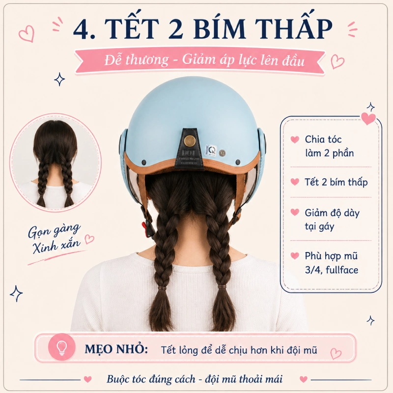 Cách buộc tóc khi đội mũ bảo hiểm theo kiểu tết 2 bím thấp