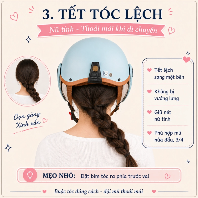 Cách buộc tóc khi đội mũ bảo hiểm theo kiểu tết tóc sang 1 bên