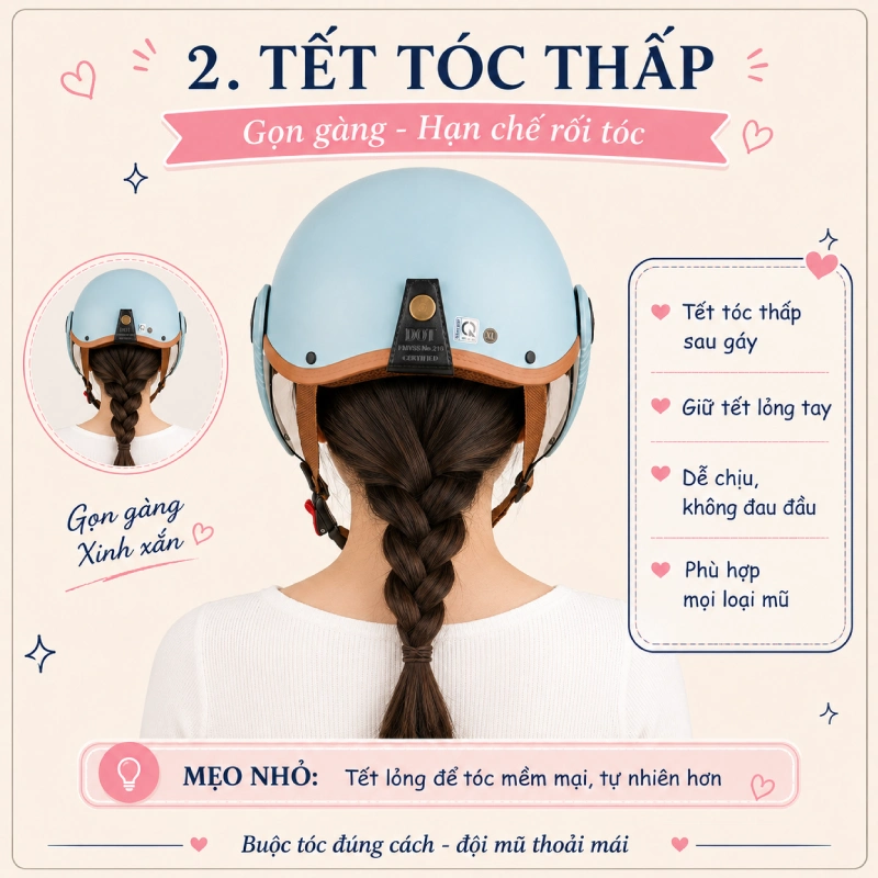 Cách buộc tóc khi đội mũ bảo hiểm theo kiểu tết tóc thấp sau gáy