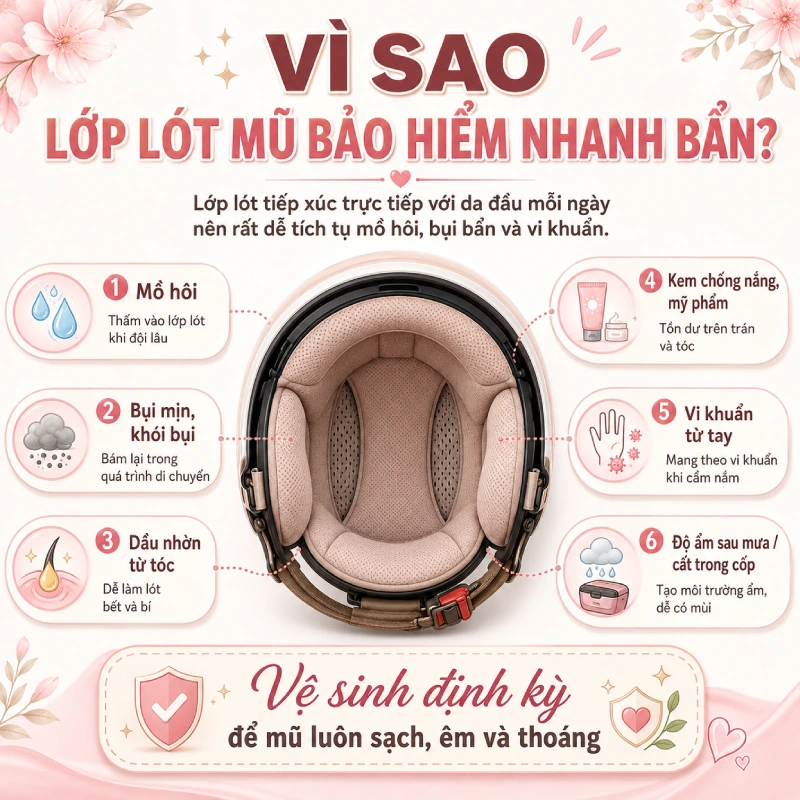 Vì sao lớp lót mũ bảo hiểm nhanh bẩn?