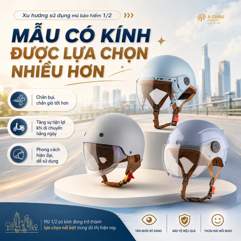 Xu hướng sử dụng mũ bảo hiểm 1/2 là Mũ có kính được lựa chọn nhiều hơn