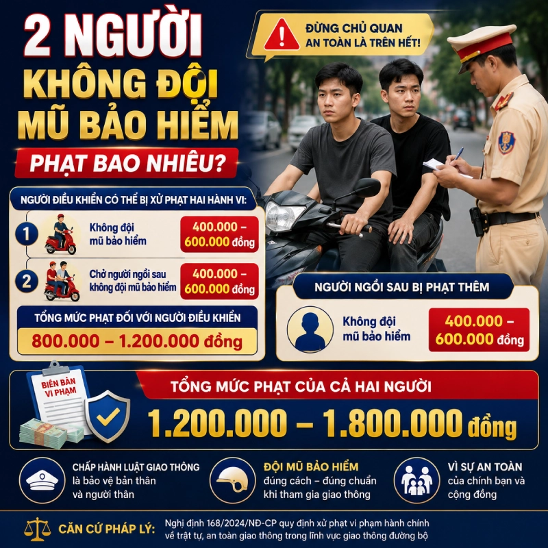 2 người không đội mũ bảo hiểm phạt bao nhiêu?