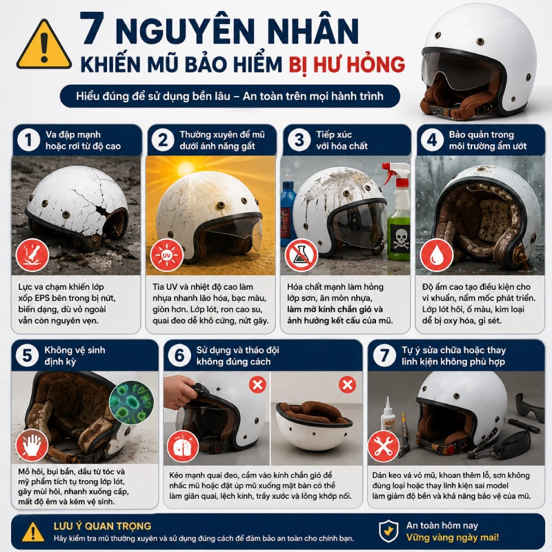Những nguyên nhân khiến mũ bảo hiểm bị hư