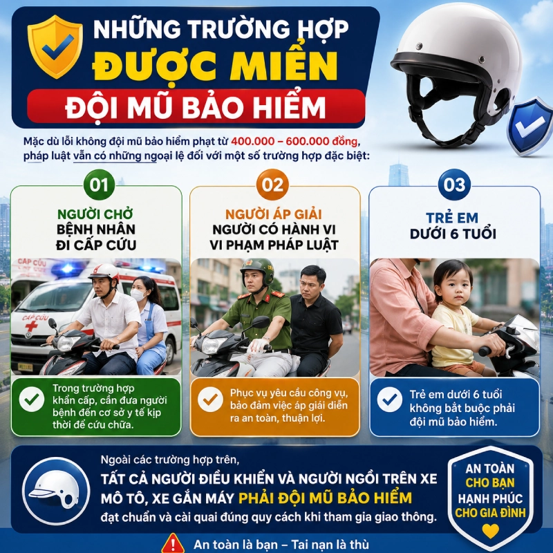 Những trường hợp được miễn đội mũ bảo hiểm