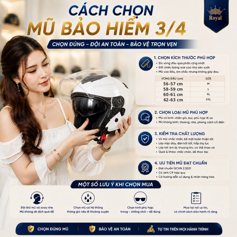 Cách chọn mũ bảo hiểm 3/4