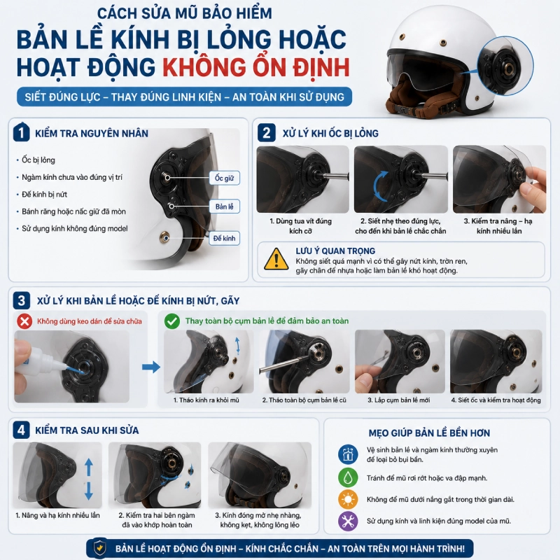 Cách sửa mũ bảo hiểm khi bản lề kính bị lỏng hoặc hoạt động không ổn định