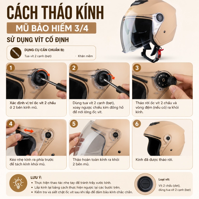 Cách tháo kính mũ bảo hiểm 3/4 sử dụng vít cố định