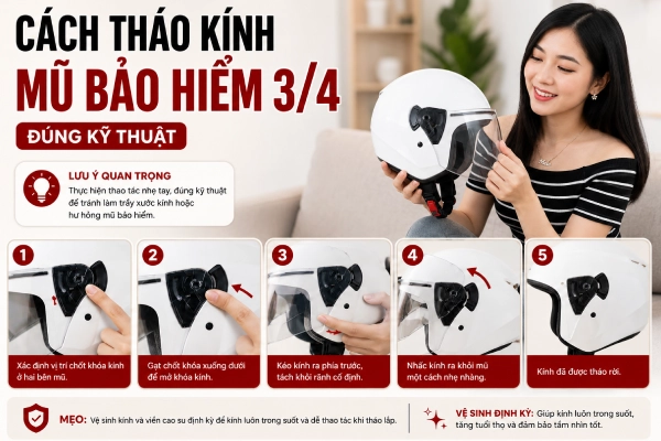 Hướng dẫn cách cách tháo kính mũ bảo hiểm 3/4 đúng kỹ thuật