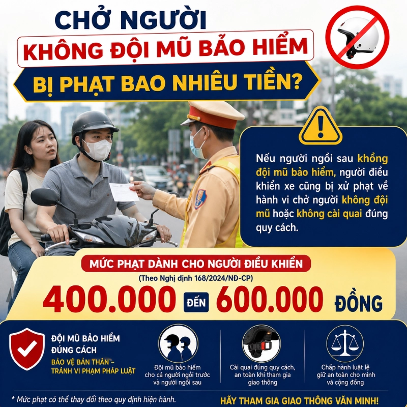 Chở người không đội mũ bảo hiểm bị phạt bao nhiêu tiền