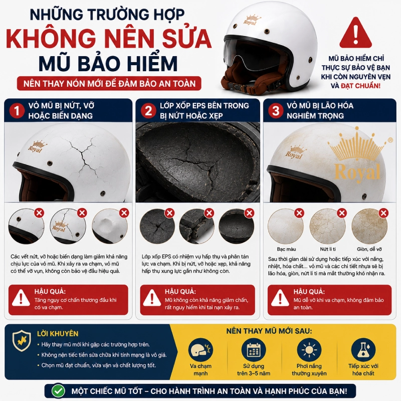 Những trường hợp không nên sửa mũ bảo hiểm mà hay thay nón mới