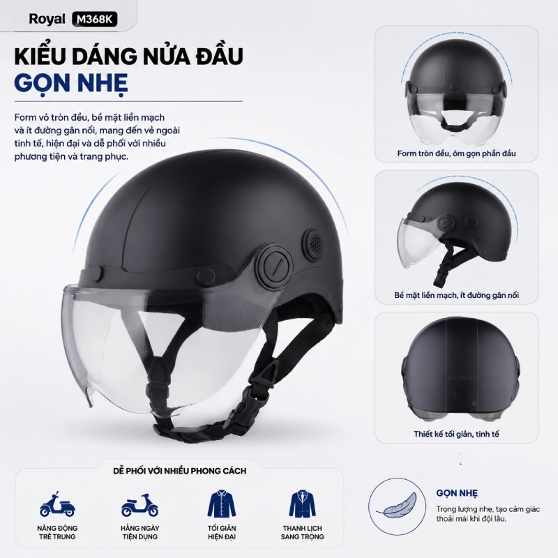 Thiết kế nổi bật của mũ bảo hiểm Royal M368K Kiểu dáng nửa đầu gọn nhẹ