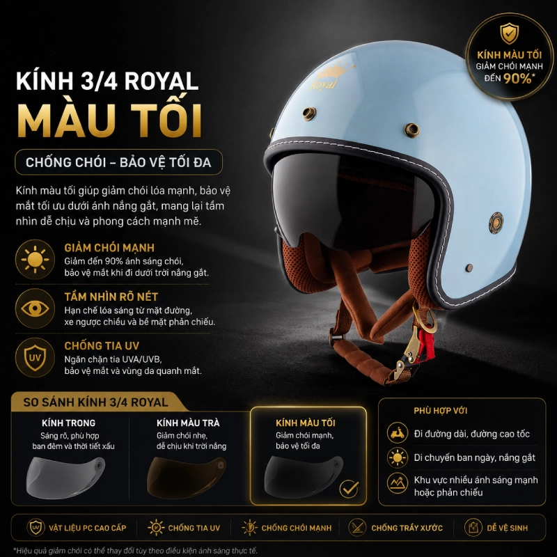 Kính mũ 3/4 màu tối