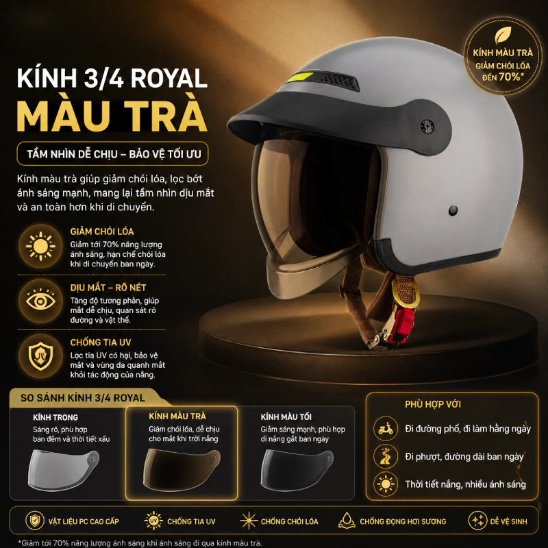 Màu kính 3/4 nón bảo hiểm Royal phổ biến kính trà