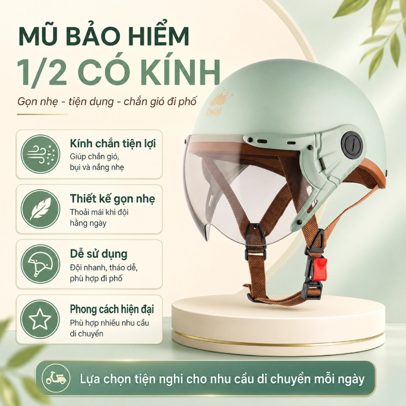 Mũ bảo hiểm 1/2 Royal có kính