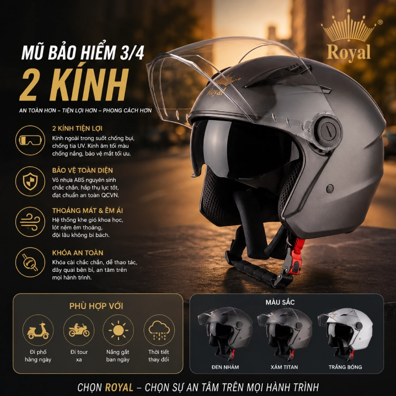 Nón 3/4 2 kính