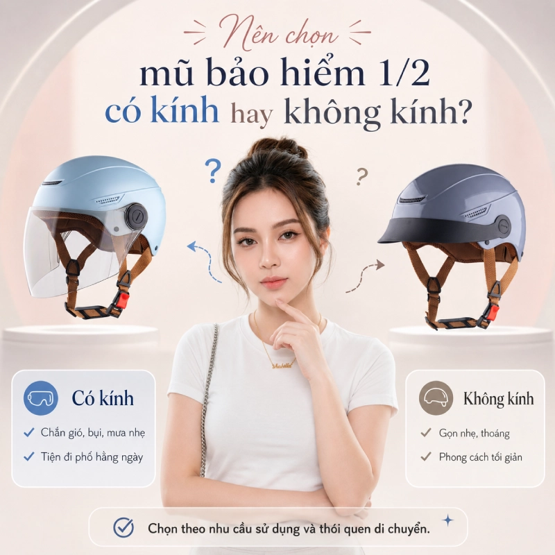 Nên chọn mũ bảo hiểm 1/2 có kính hay không kính?