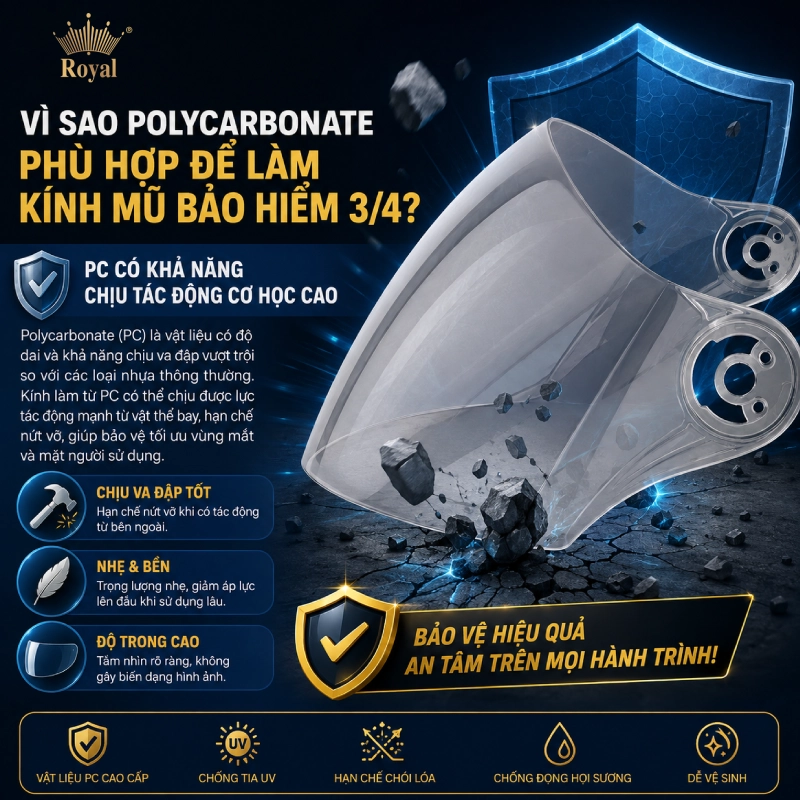 Vì sao Polycarbonate phù hợp để làm kính mũ bảo hiểm 3/4? nhựa PC có khả năng chịu tác động cơ học