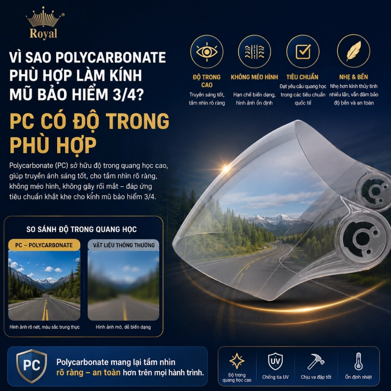 Vì sao Polycarbonate phù hợp để làm kính mũ bảo hiểm 3/4? PC có độ trong phù hợp