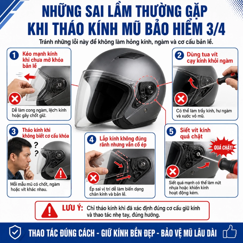 Những sai lầm thường gặp khi tháo kính mũ bảo hiểm 3/4