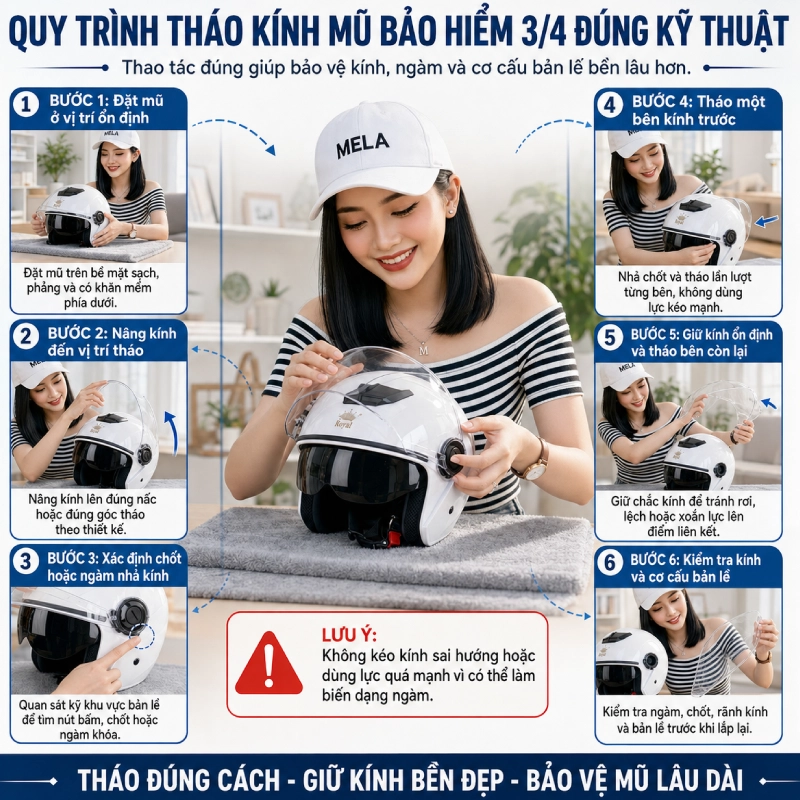 Quy trình cách tháo kính mũ bảo hiểm 3/4 đúng kỹ thuật