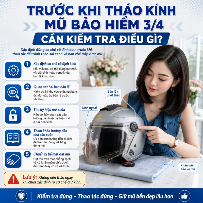 Trước khi tháo kính mũ bảo hiểm 3/4 cần kiểm tra điều gì?