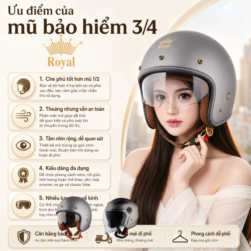 Ưu điểm của mũ bảo hiểm 3/4