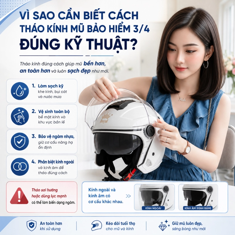 Vì sao cần biết cách tháo kính mũ bảo hiểm 3/4 đúng kỹ thuật?