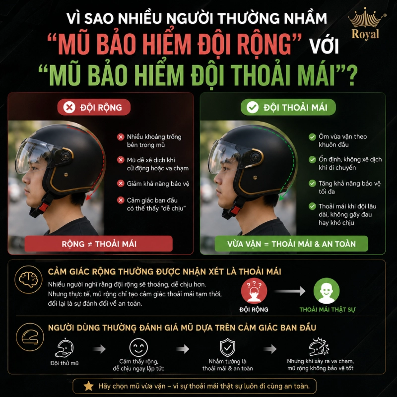 Vì sao nhiều người thường nhầm “mũ bảo hiểm đội rộng” với “mũ bảo hiểm đội thoải mái”?
