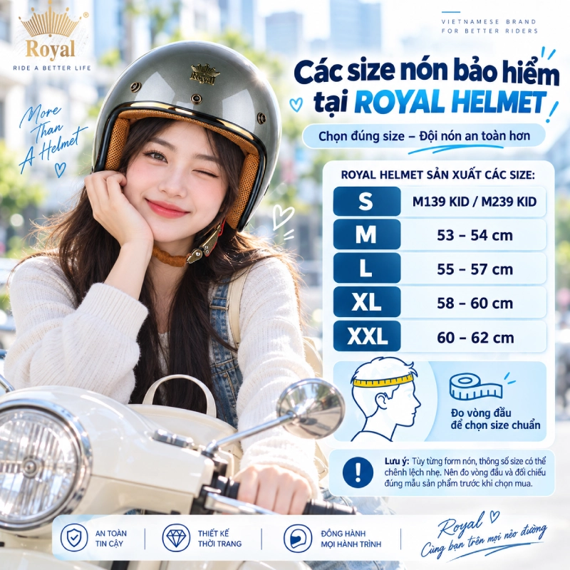 Các size nón bảo hiểm tại Royal Helmet