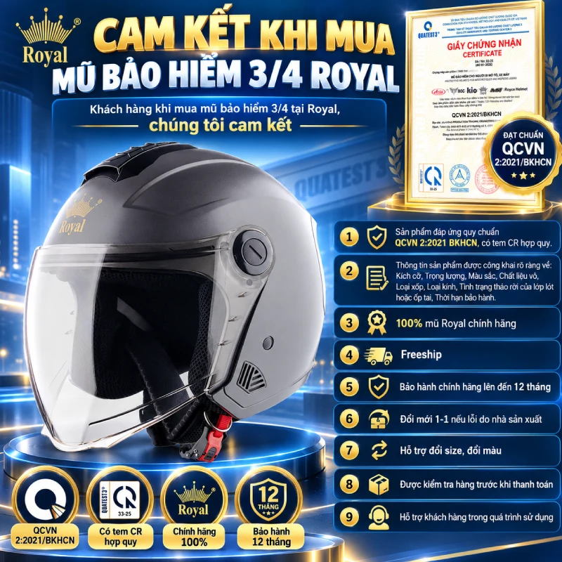Cam kết khi mua mũ bảo hiểm 3/4 của Royal
