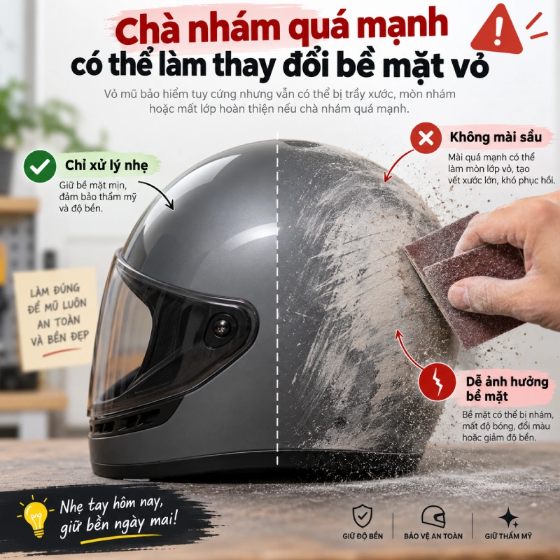 Không nên tự sơn nón bảo hiểm tại nhà vì Chà nhám quá mạnh có thể làm thay đổi bề mặt vỏ