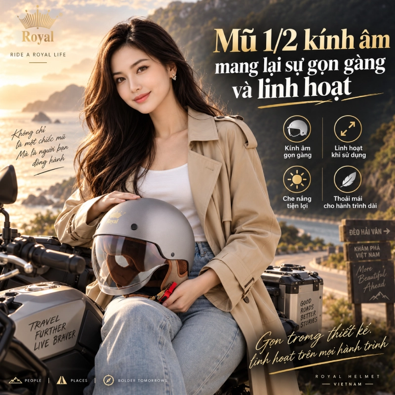 Mũ 1/2 kính âm mang lại sự gọn gàng và linh hoạt