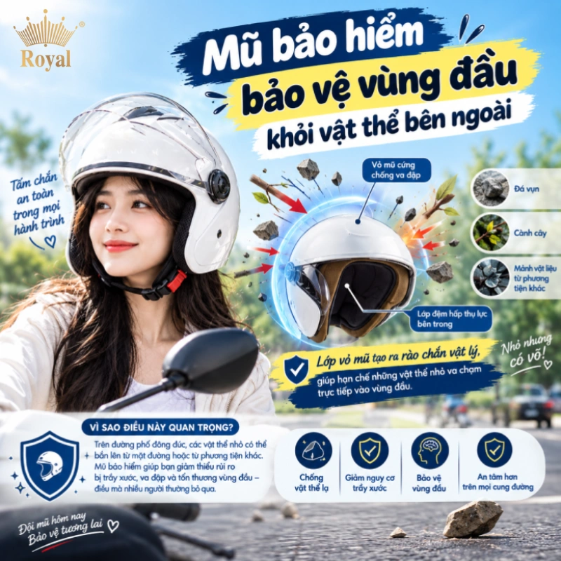 Công dụng mũ bảo hiểm là bảo vệ vùng đầu khỏi vật thể bên ngoài